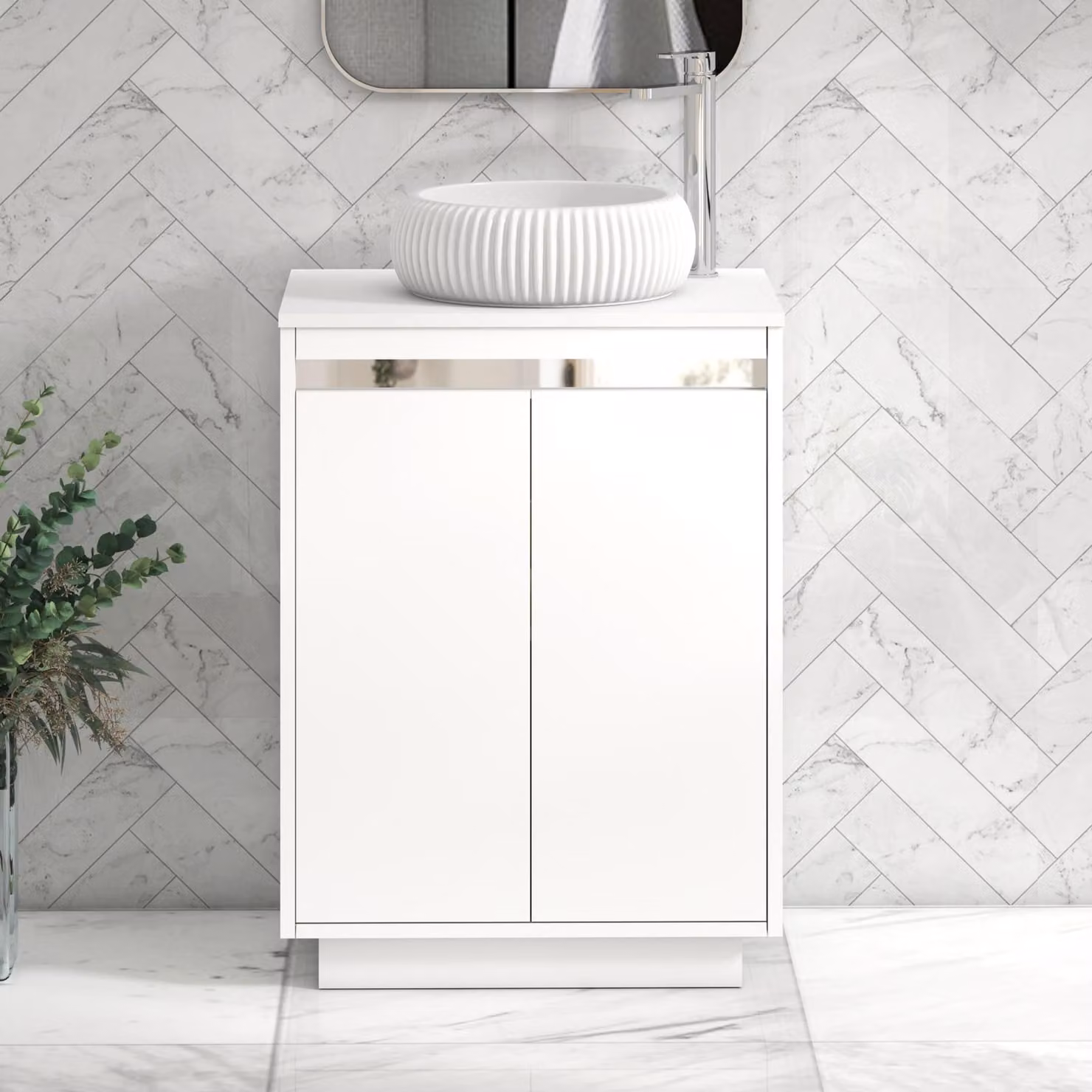 Royal Bathrooms Orion 600mm Matt White Floor Standing 2 Door Vanity Unit with Milan Basin and Chrome Accent Trim