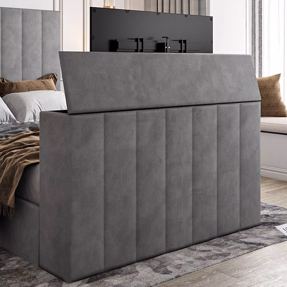 KDMD Ardley Bespoke Upholstered Velvet TV Bed Frame in Grey, Single (W: 90 cm, L: 200 cm) – 3