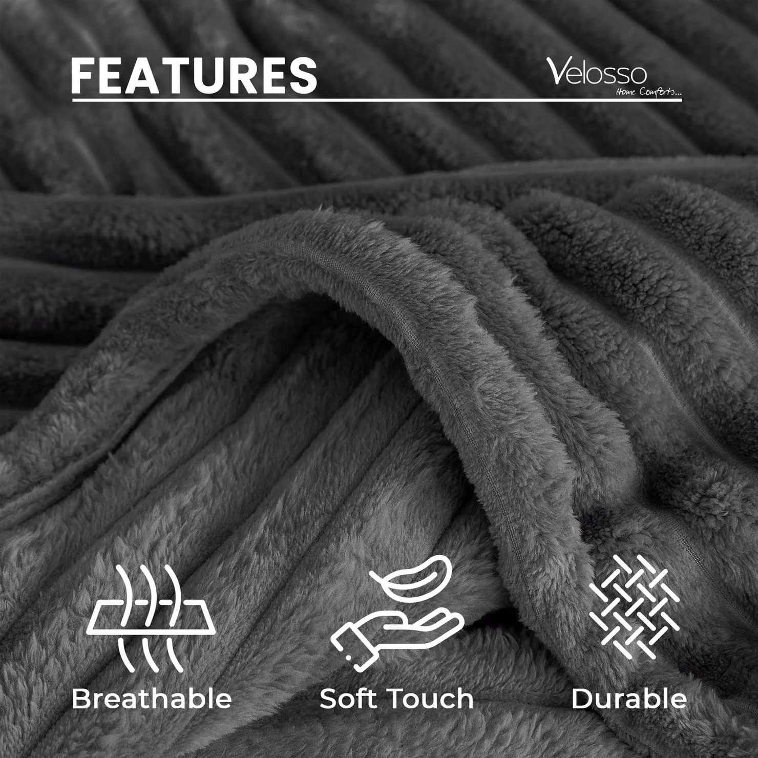 Velosso Super Soft Chunky Cord Blanket Throw in Anthracite Grey, W: 200 cm, D: 240 cm – 3