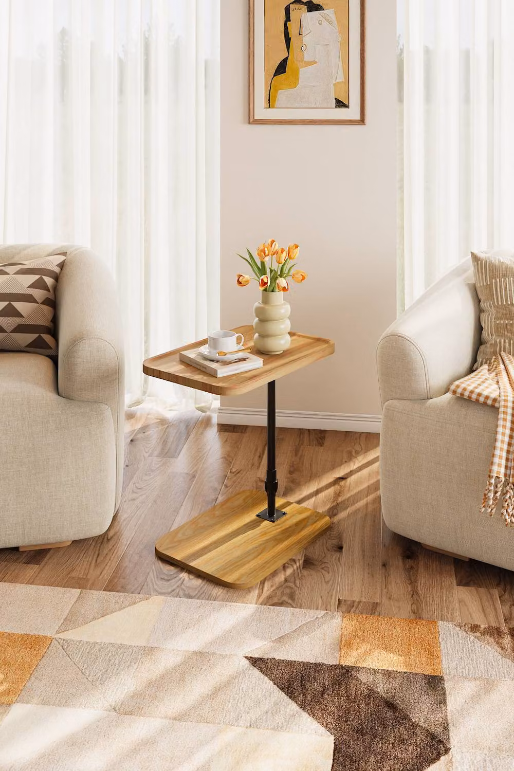 H&O Direct Height Adjustable C-Shaped Side Table in Beige Wood Finish – 2
