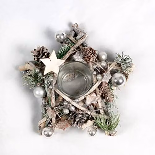 Shatchi Star Shape Wooden Candle Holder Tabletop Centrepiece with Red and Silver Baubles, Berries and Cones, W/D/H: 24 x 24 x 11 cm – 2