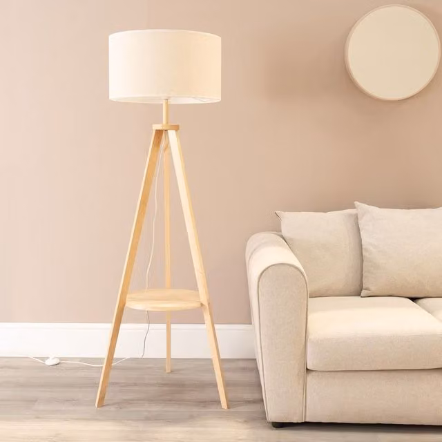 ValueLights Morrigan Natural Wood Tripod Floor Lamp with White Fabric Drum Shade and LED Bulb – 1