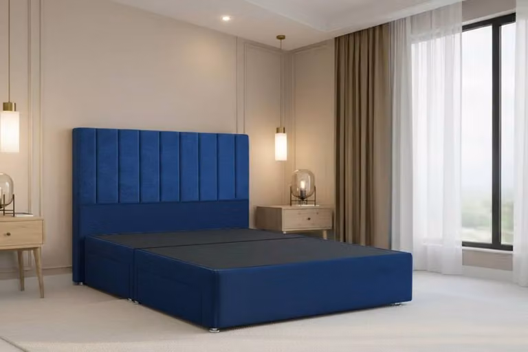 Chester & Oakley Lunar Plush Divan Bed Base with 54 inch Headboard in Blue, Super King, W/D/H: 200 x 200 cm
