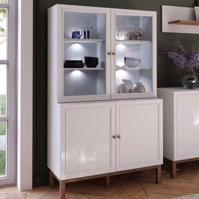 Furniture To Go Wensley Modern Display Cabinet with LED Lighting, Glass Doors and Soft Close Mechanism in Grey and White