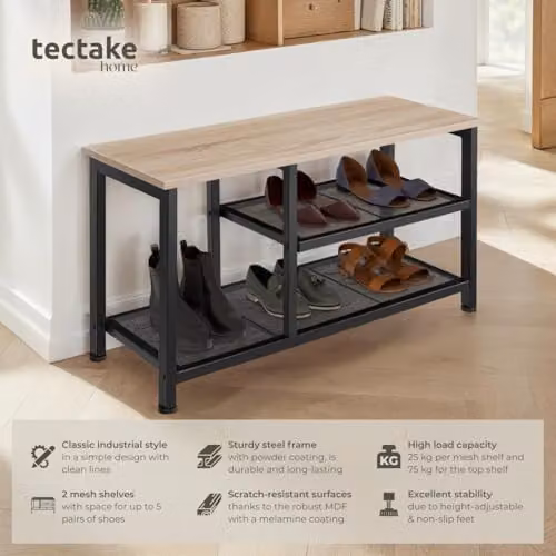 tectake 3-Tier Shoe Rack with Wood-Look Top Shelf and 2 Grid Shelves, Black Industrial Steel Frame, W/D/H: 80 x 30 x 45.5 cm, Light Wood – 2