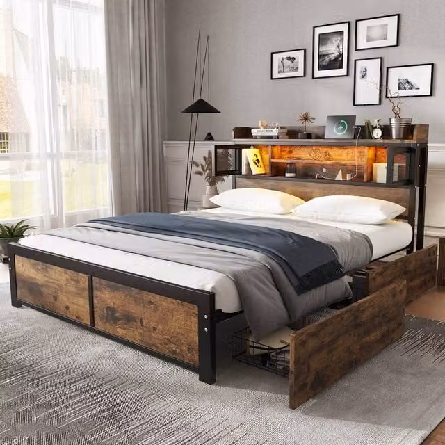 Rolipo Double Metal Bed Frame in Black with LED Lights, USB Ports and 2 Drawers, W/D/H: 140 x 200 cm – 1