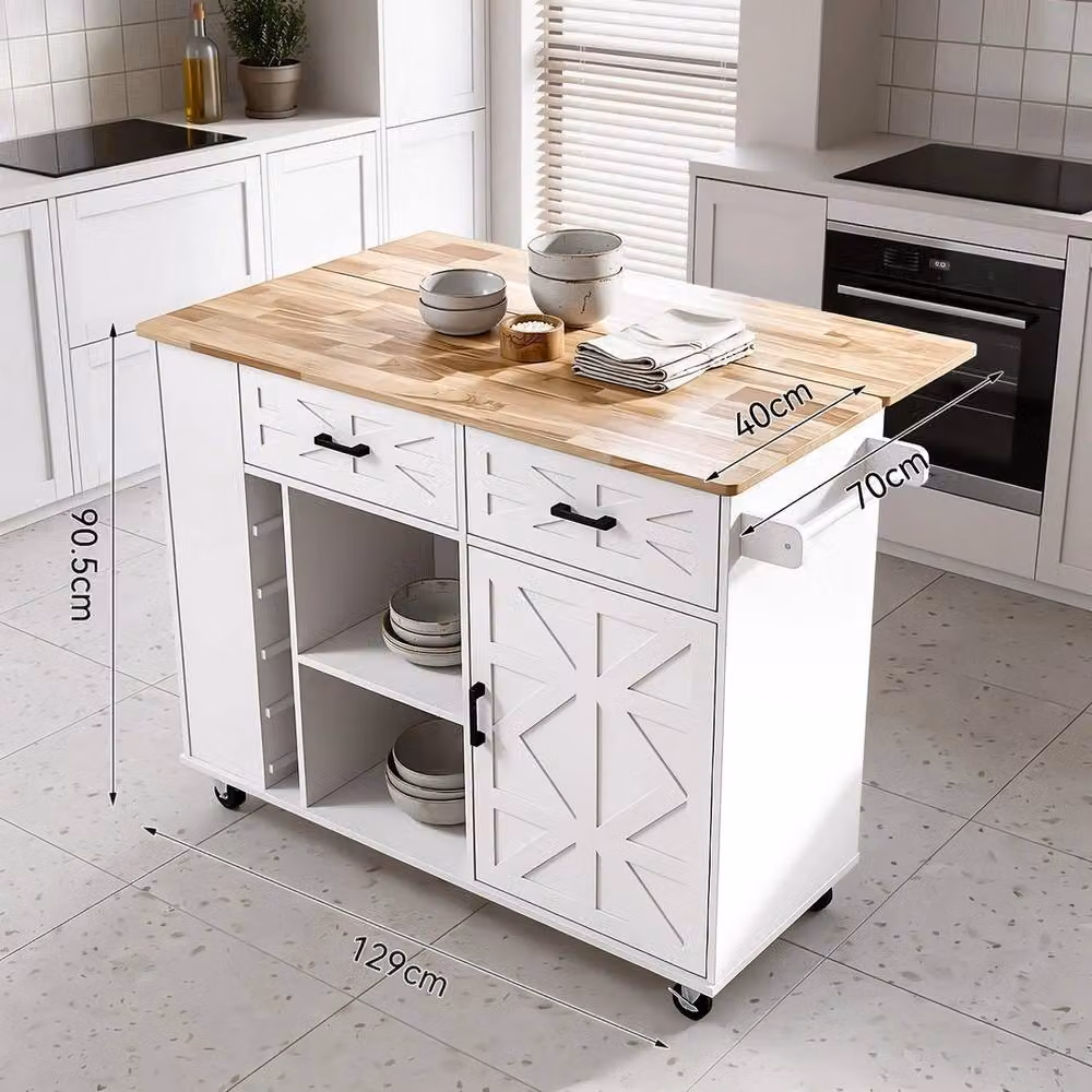 KORVIXA Modern Kitchen Island Trolley Cart with Side Storage Rack in White, W/D/H: 100 x 100 x 100 cm – 2