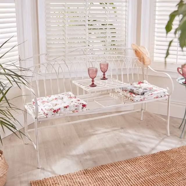 Dibor Vintage Large Cream Arched Outdoor Garden Companion Seat Bench with 2 Floral Box Cushions – 1