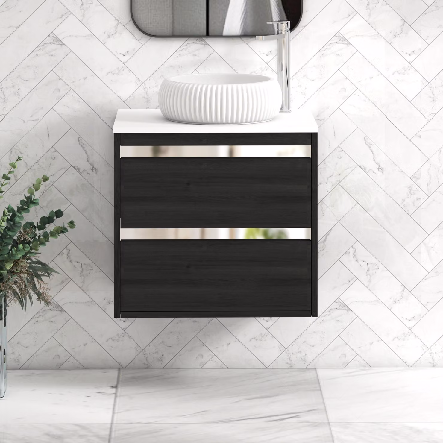 Royal Bathrooms Orion 600mm Hale Wall Hung Vanity Unit with Milan Basin and 2 Drawers in Black and White with Chrome Accent Trim