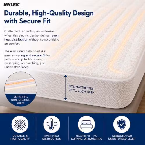 Mylek Fleece Fitted Heated Mattress Cover White King Size W/D/H: 152 x 180 x 40 cm – 3
