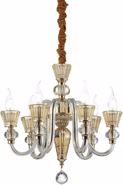 Ideal Lux Strauss 6 Light Chandelier in Gold and Brass with Crystal and Glass Details, E14