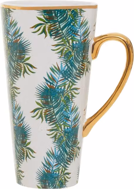 Orsina Palm Latte Mug, Ceramic Stoneware Coffee Mug with Tropical Green Leaves Floral Print in Gold, Green and White – 1