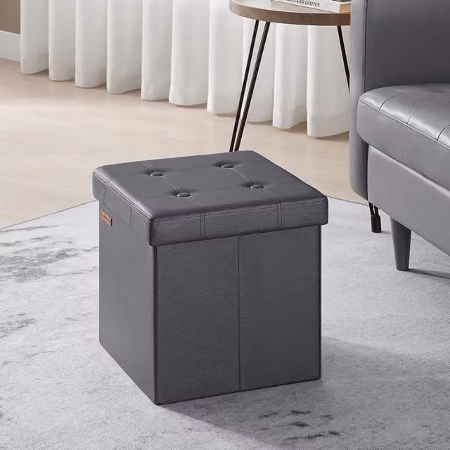 SONGMICS Grey Synthetic Leather Folding Storage Ottoman and Foot Rest Stool