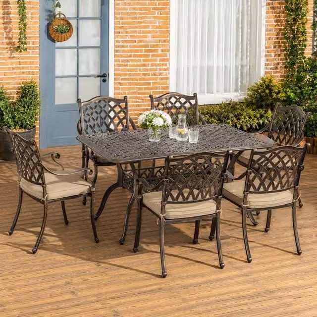 STILVORA Bronze Powder Coated Aluminium Rectangular Dining Set with Parasol Hole and 7 Chairs