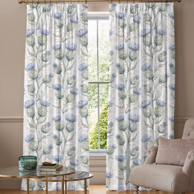 Voyage Maison Thistle Glen Made to Measure Blackout Floral Curtains in Blue Cotton and Linen