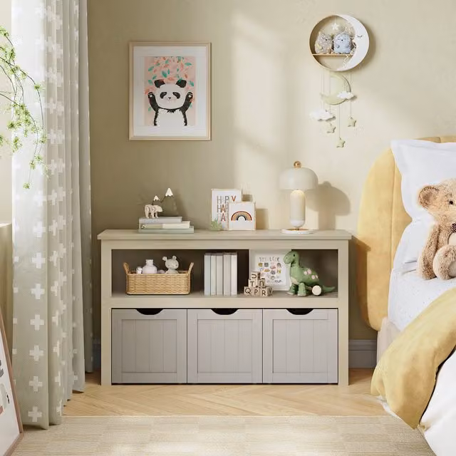 VASAGLE Kids Storage Cabinet with Wheels and Bins in Light Khaki