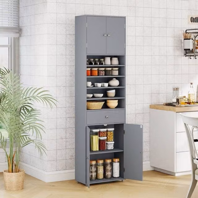 Costway Grey Tall Kitchen Buffet Pantry Storage Cabinet with Drawer and Hinged Doors