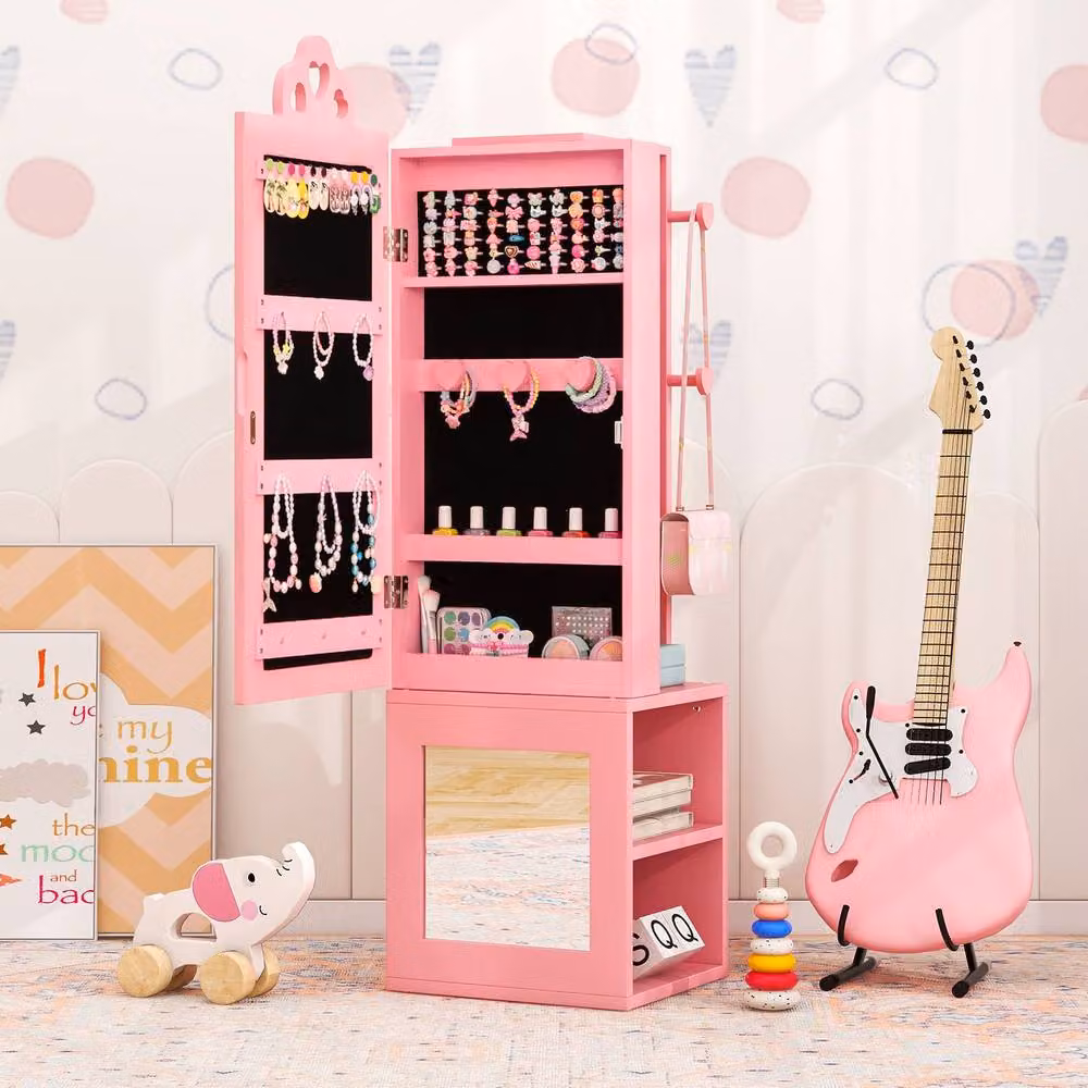 CASART Kids Jewelry Cabinet with Full-Length Mirror and Hinged Doors in Pink – 3