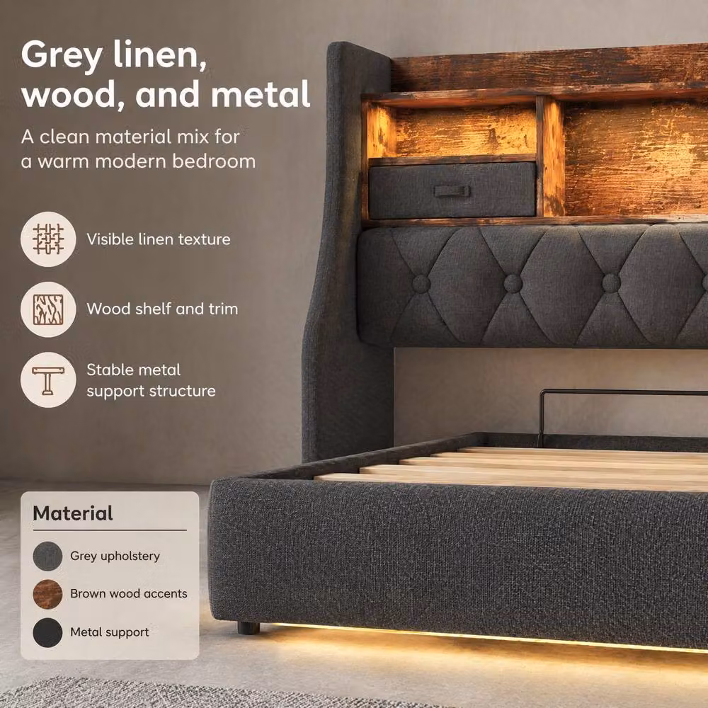 STILVORA Double Bed Frame in Grey with LED Headboard, USB Charging Ports and Storage Compartments, W/D/H: 140 x 200 x 135 cm – 6