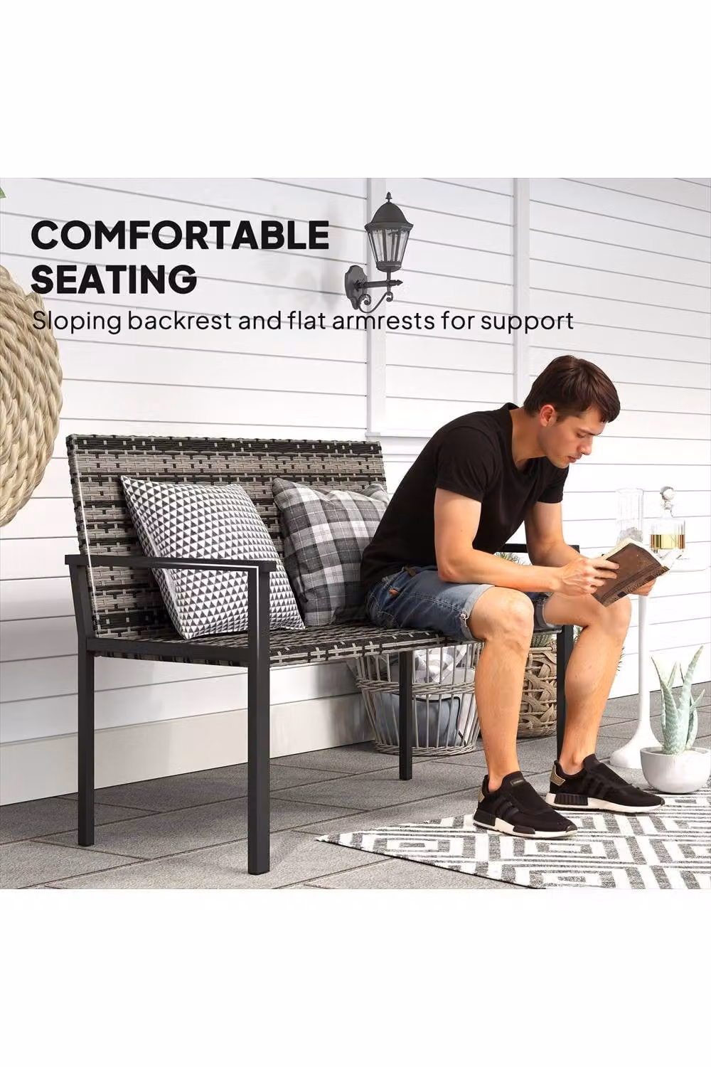 ERGOVEXA Two-Seater Rattan Garden Bench with Armrests and Cushions, Grey – 3