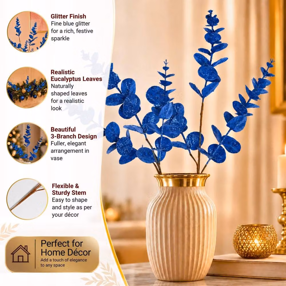 Shatchi 12 Pack Dark Blue Glitter Artificial Eucalyptus Christmas Tree Picks, 55 cm – 4