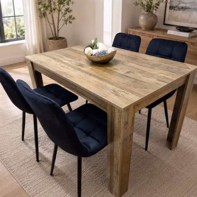 Kosy Koala Rustic Effect Dining Table and 4 Velvet Chairs Set in Black