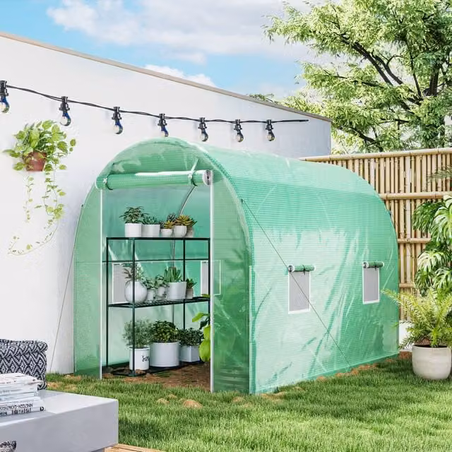 Outsunny Walk-in Polytunnel Greenhouse with Roll-up Door, Green
