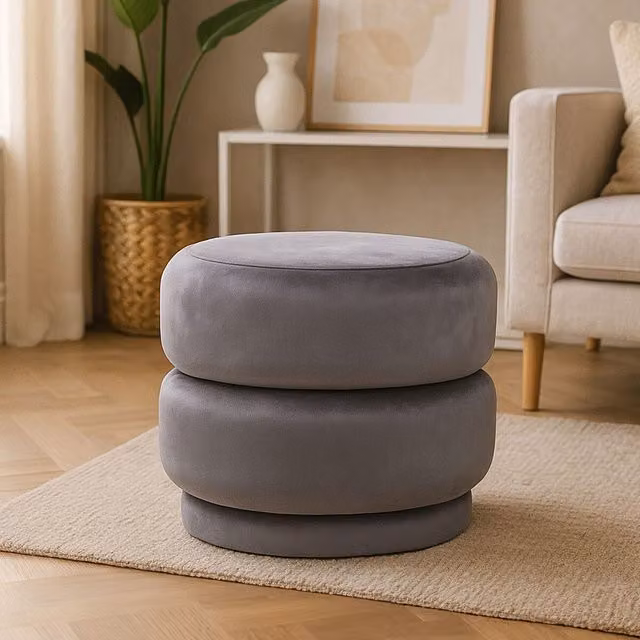 Orsina Grey Velvet Round Footstool with Tufted Details – 1