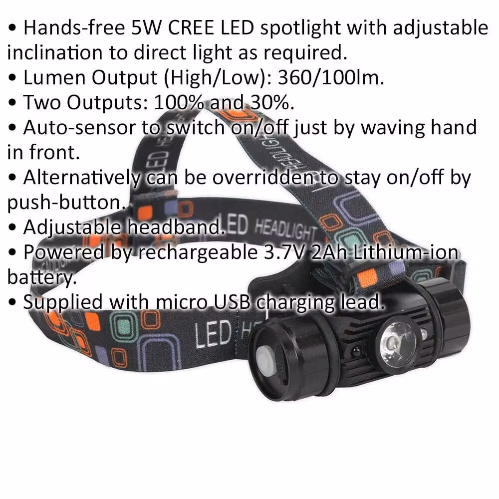 Loops Rechargeable LED Head Torch with Motion Sensor and Adjustable Strap in Black and Multicolour – 2