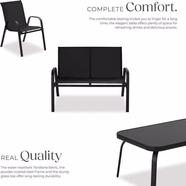 tectake Nora Seating Group for 4 People in Matt Black