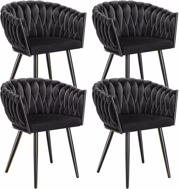 tectake Astano Dining Chair Set of 4, Black Velvet with Metal Frame and Knot Design – 1