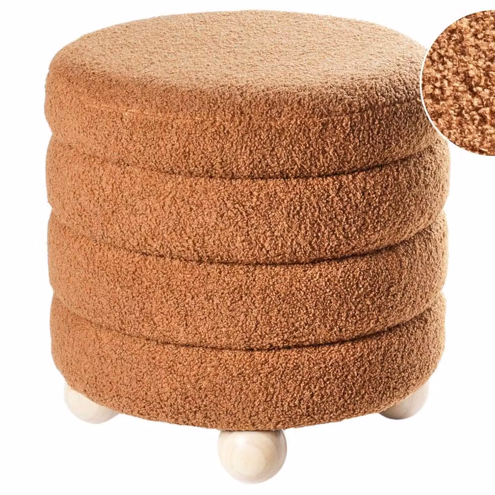 Wyld and Coco Brown Bouclé Cylindrical Pouffe with Pine Wood Legs – 2