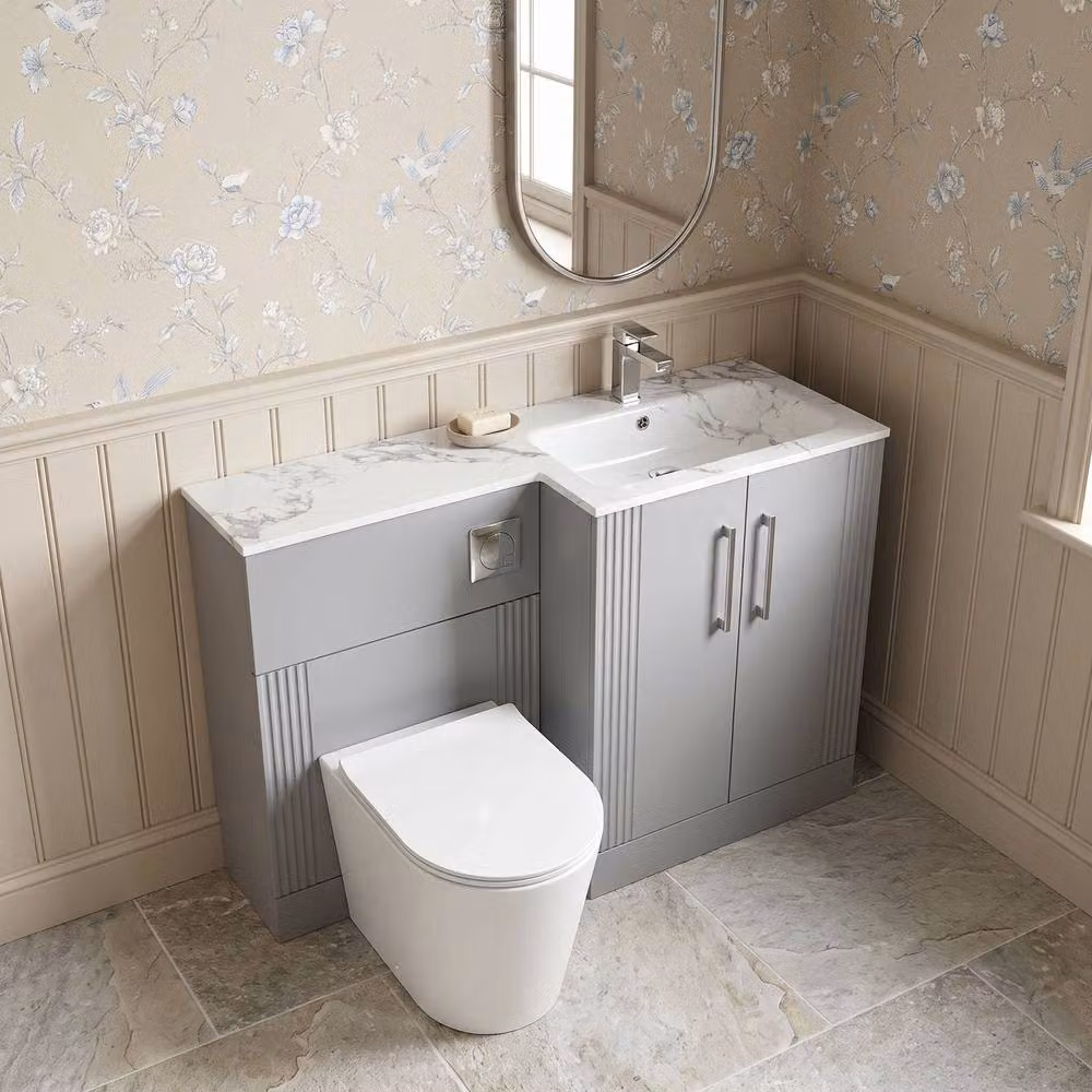 Balterley Belvide Retro Partially Fluted Floor Standing 2 Door Vanity Basin WC Combination Unit with Carrera Marble Stone Basin, Satin Grey, W/D/H: 110 x 39 x 85.8 cm – 2