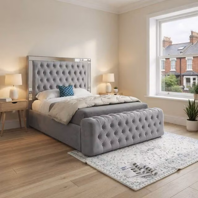 KDMD Reigate King Size Mirror Upholstered Designer Bed Frame in Grey Soft Velvet – 1