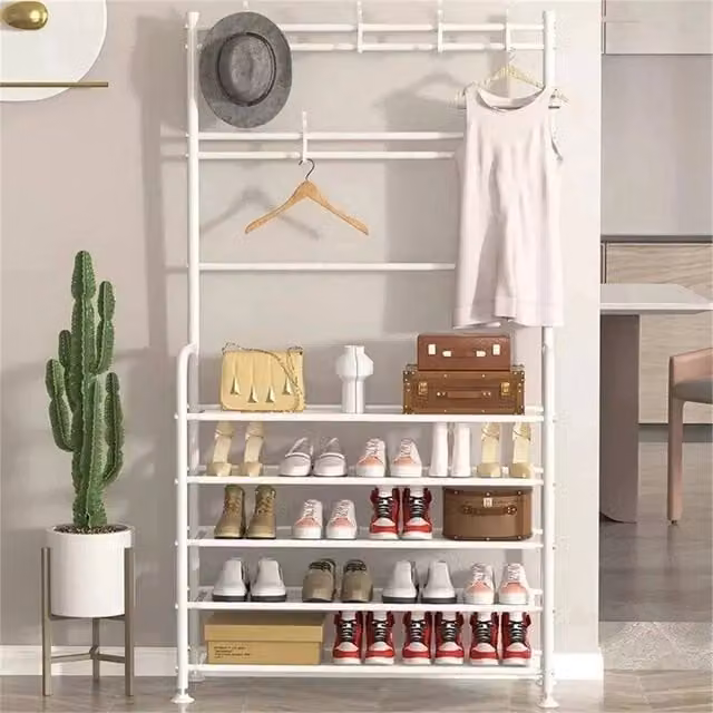 Nordara 5-Tier White Metal Hall Tree with Bench and Coat and Shoe Stand, H 170 x W 80 x D 26 cm – 1