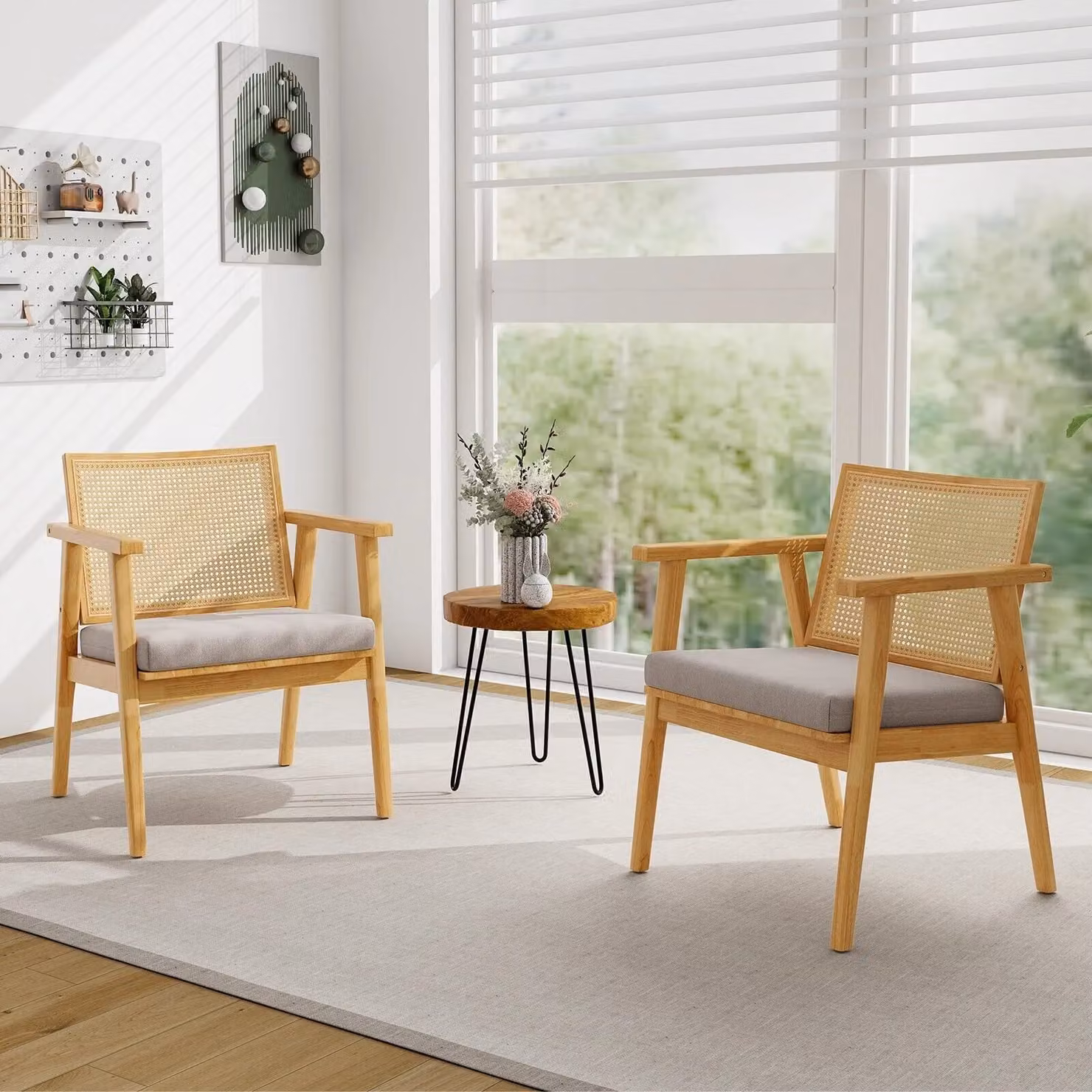Costway Natural Wooden Accent Chair with Upholstered Fabric and Solid Rubberwood Frame – 2