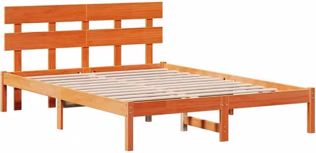 Berkfield Home Solid Wood Pine Bed Frame with Headboard in Wax Brown, W/D/H: 150 x 200 cm – 1