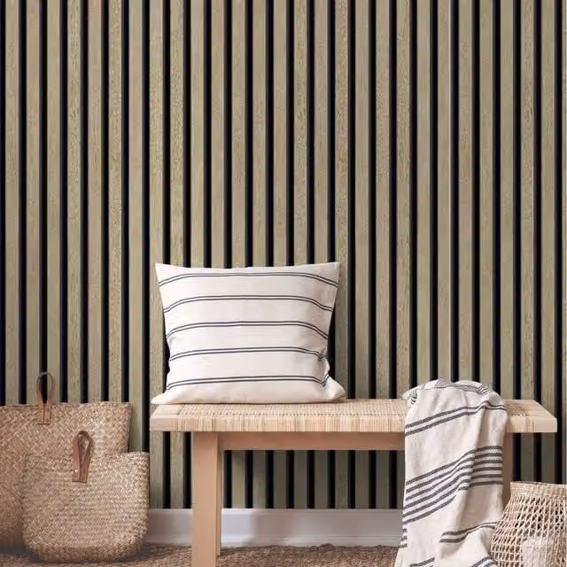 Grandeco Hermes Industrial Striped Vinyl Wallpaper in Grey, Yellow and Beige