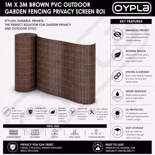Oypla Brown PVC Outdoor Garden Fencing Privacy Screen Roll, W: 100 cm, H: 300 cm – 3