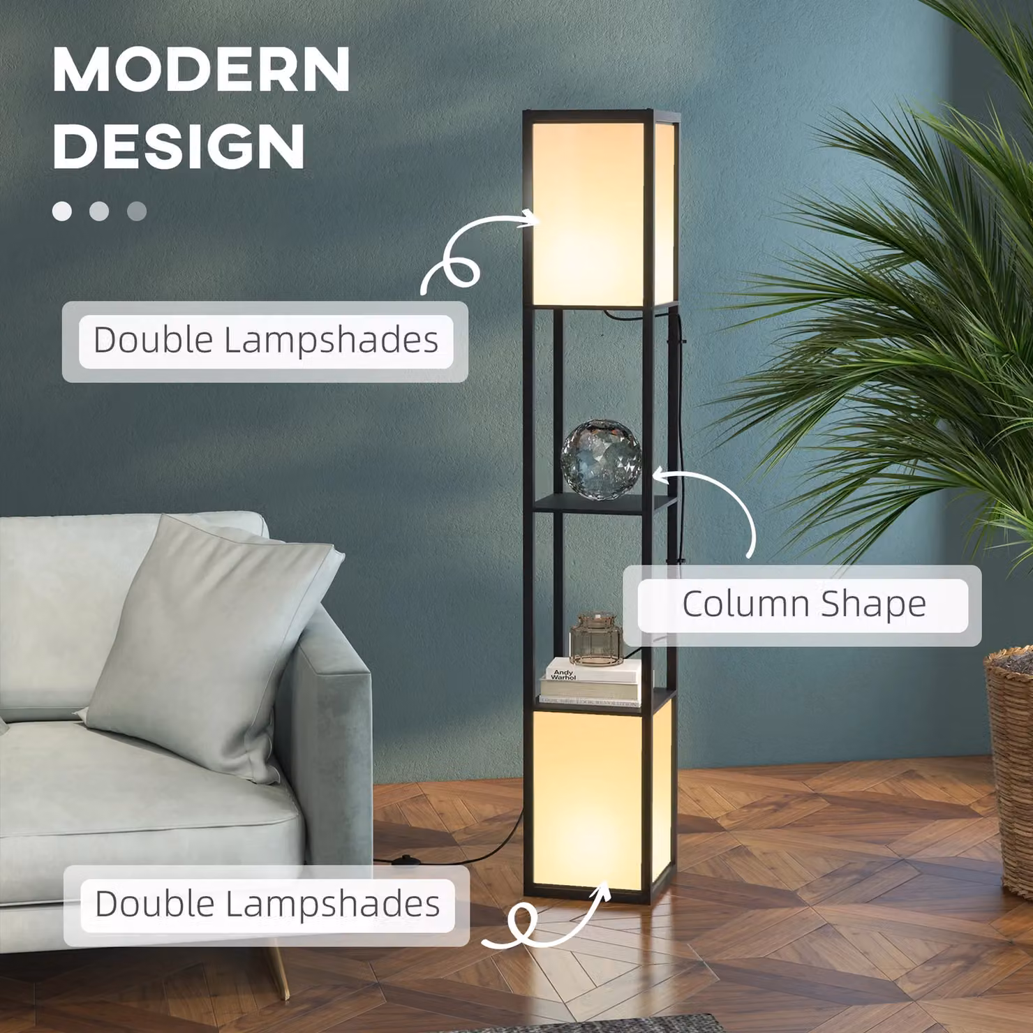 HOMCOM Modern Black Metal Floor Lamp with Dual Up and Down Lighting and Shelves for Living Room or Bedroom – 3