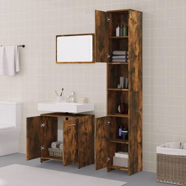 Berkfield Home 3 Piece Bathroom Furniture Set in Smoked Oak Brown, including Mirror Cabinet, Tall Cabinet and Vanity Unit