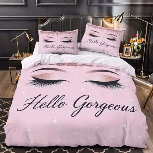 XGASVBKWA Pink 3D Microfibre Glamour Eyes Duvet Cover and Pillowcase Set, W: 260 cm, D: 220 cm – 2