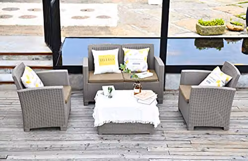 Centurion Supports Santana 4 Piece PE Rattan Garden Furniture Set with Coffee Table and Cushions in Greige – 4