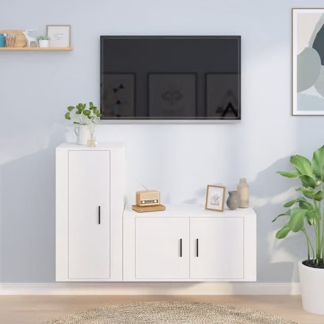 Berkfield Home 2 Piece Classic Wall Mounted TV Cabinet Set in White Matt Engineered Wood – 1