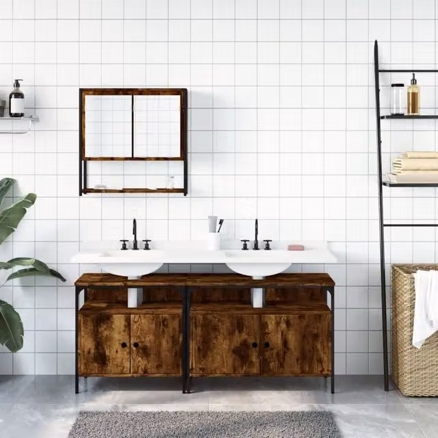 Berkfield Home 3 Piece Industrial Bathroom Furniture Set in Brown Smoked Oak