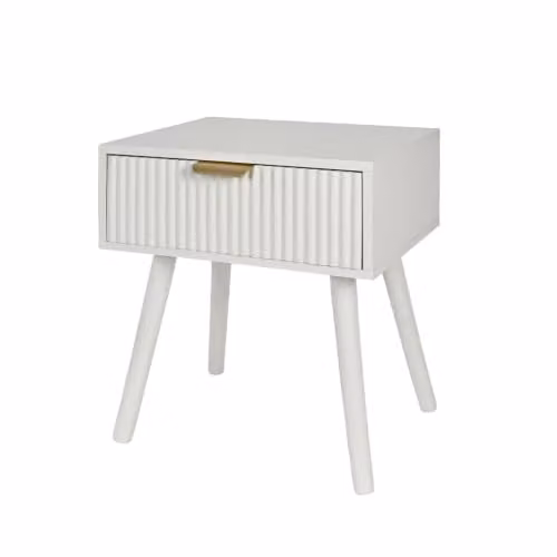 OHS Modern Ribbed Wood Bedside Table with 1 Drawer in Cream, W/D/H: 40 x 30 x 45 cm
