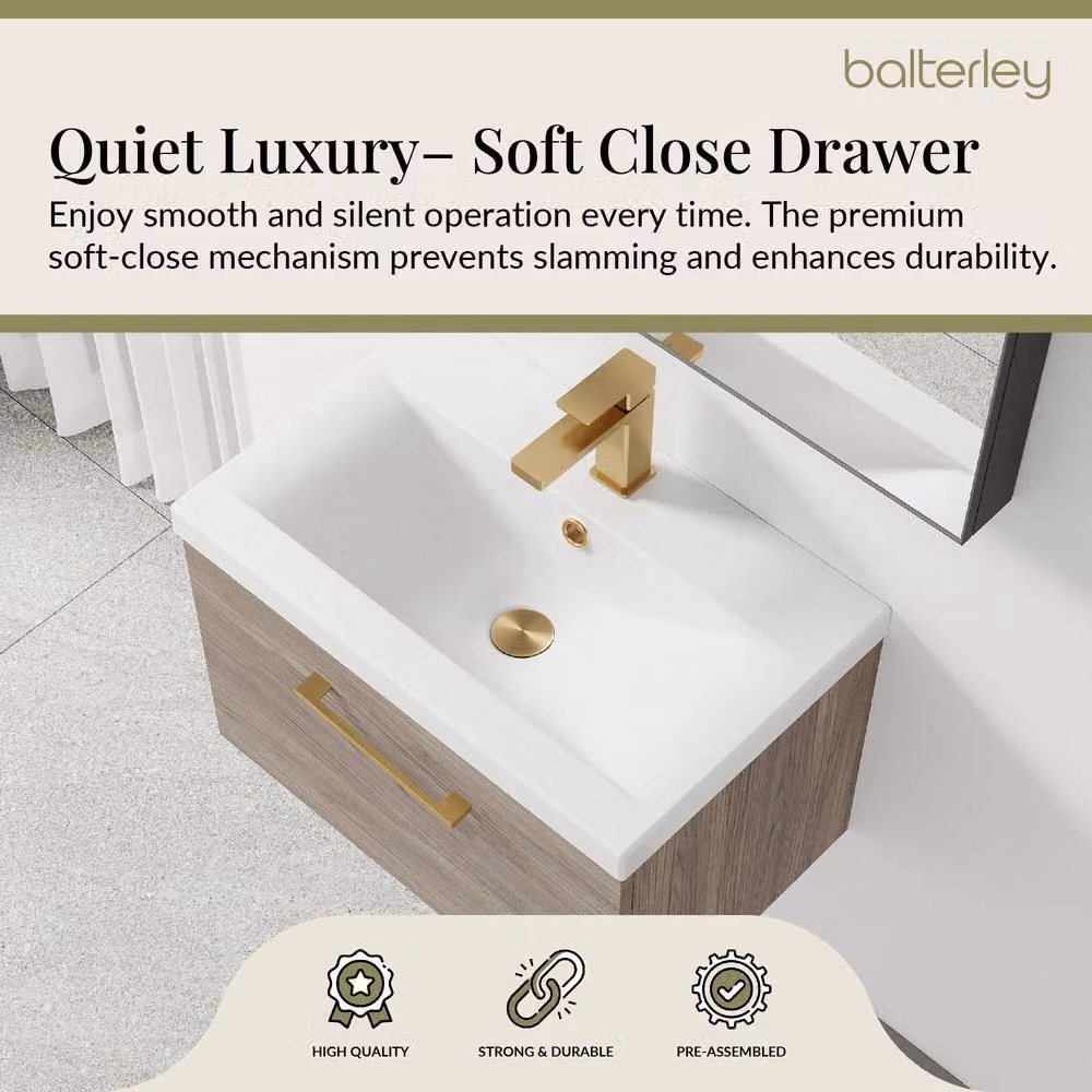 Balterley Mid Oak Wall Hung 1 Drawer Vanity Basin Unit with Brass Handle, Brown – 3
