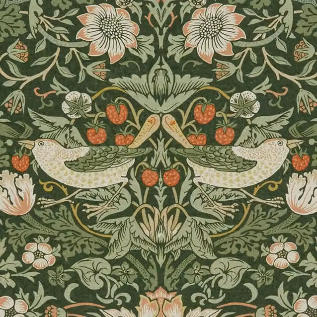 William Morris At Home Strawberry Thief Fabric in Green Nettle