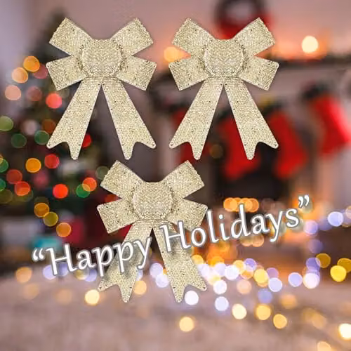 VFM e-Store Tinsel Bows Christmas Decorations in Gold and Beige, Pack of 3, W/D/H: 10 x 13 x 3 cm – 4