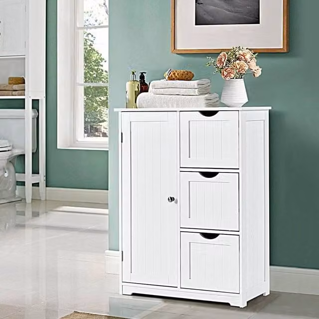 FORGEVIO Modern White Freestanding Bathroom Floor Cabinet with Internal Drawers and Shelves – 1